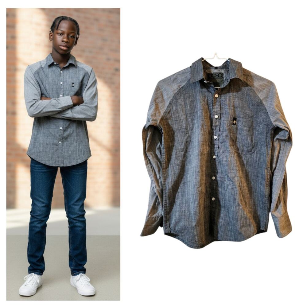 DCBD Drill Clothing Boys Shirt Size M Gray Long Sleeve Button Down Skater